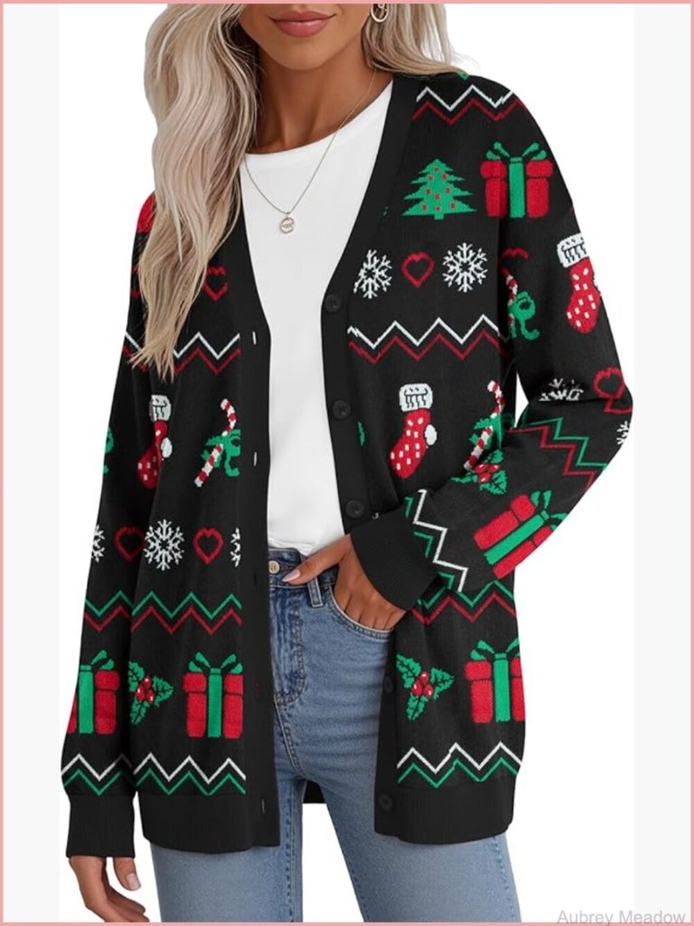 Cute Cardigan Ugly Christmas Sweater Long Sleeve V-Neck Oversized Knit
